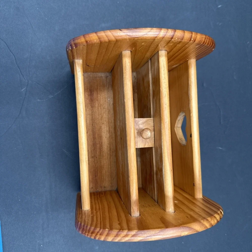 Vtg Lazy Susan Wooden Napkin Holder Heart with Cut Out on Turnstile 6